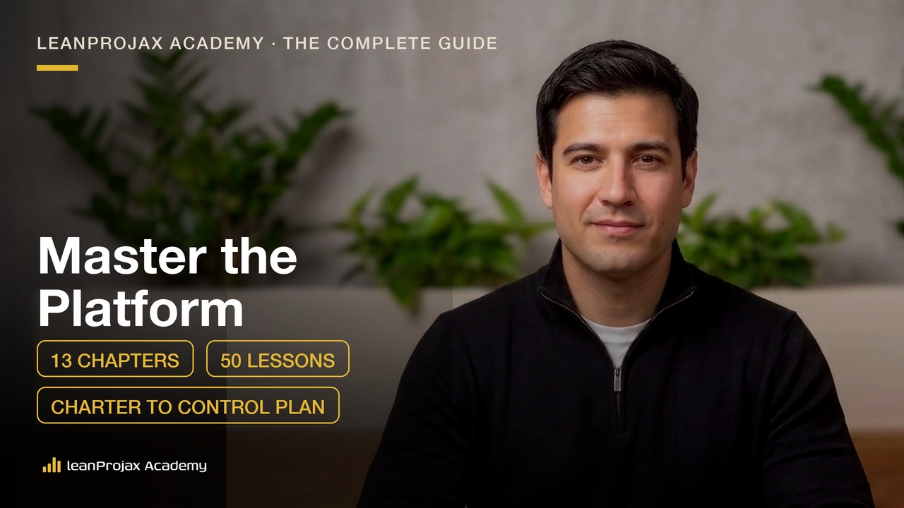LeanProjax — The Complete Guide. 13 chapters, 50 lessons, charter to control plan, on LeanProjax Academy.
