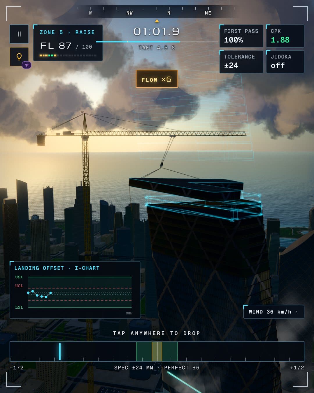 A crane shift: a floor swings on the hook over the tower at sunset, with the timer, floor 87 of 100, Cpk 1.88 and a control chart of every landing.
