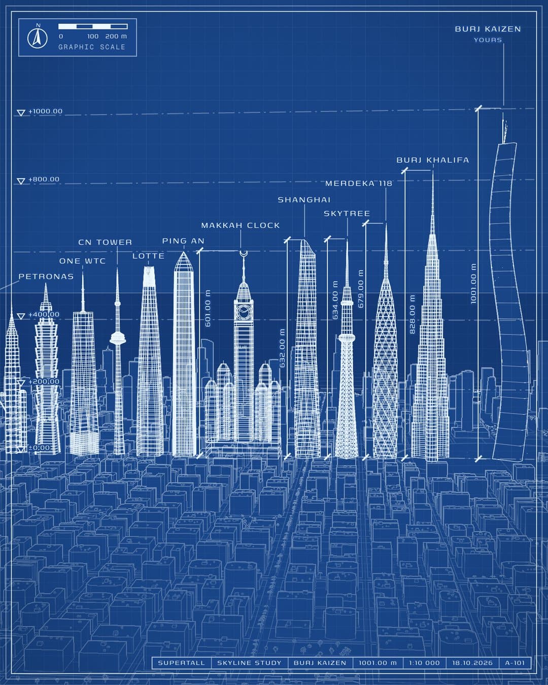 The skyline in Blueprint view: the player’s 1,001 m tower drawn beside the Burj Khalifa and the world’s tallest towers at true scale, with dimension lines and a title block.