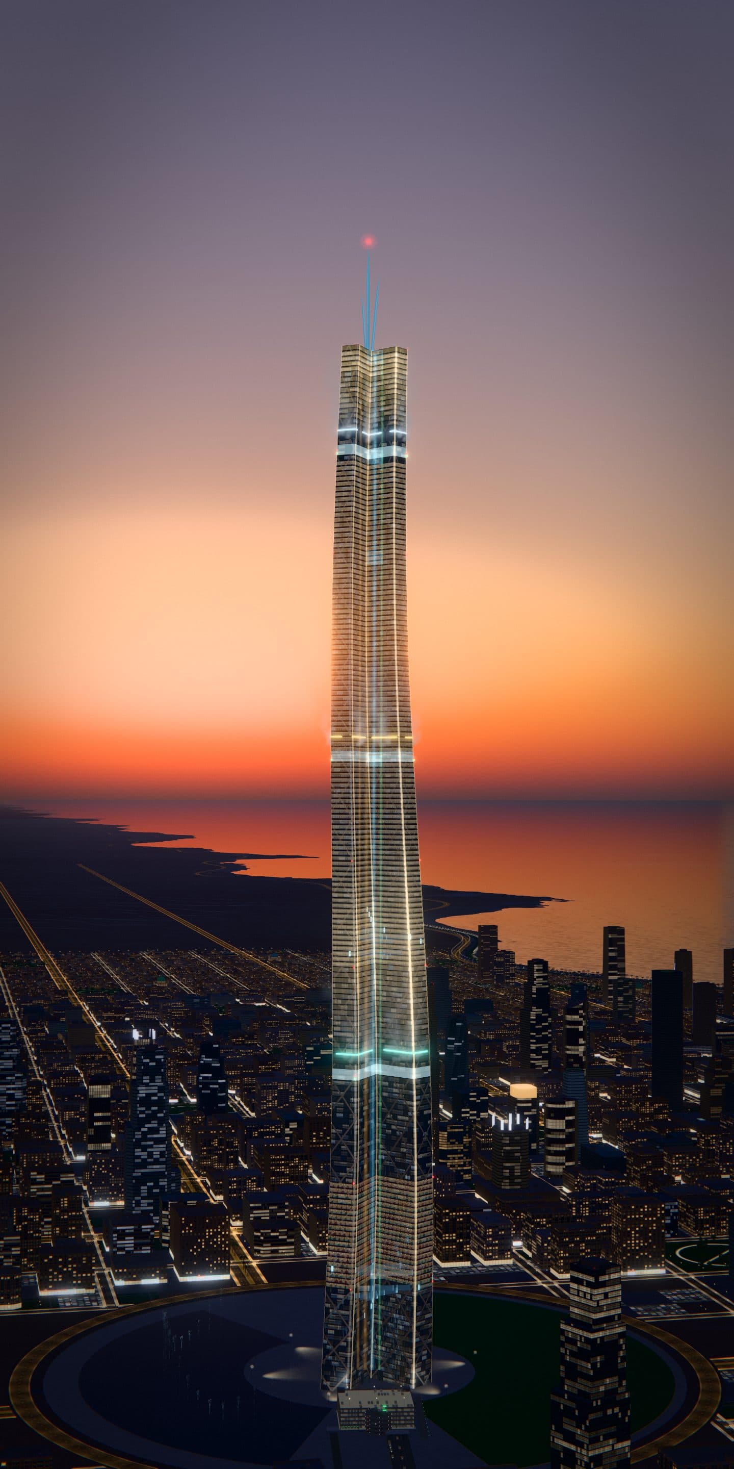 A finished SUPERTALL tower, 1,001 m tall and lit for the evening, over a city at dusk by the sea